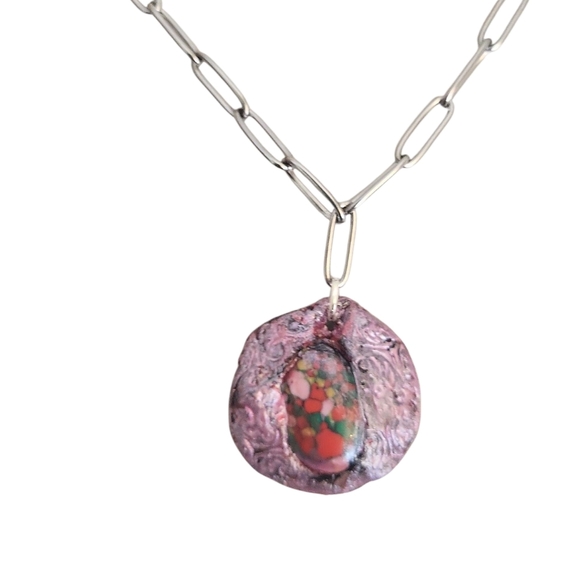 Handpainted Pearly Air Dry Semi Precious Crystal Pink Pendant Necklace - Picture 1 of 6